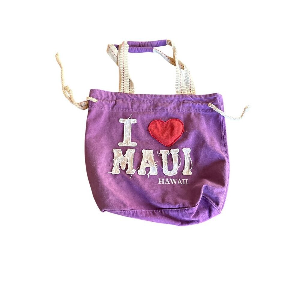 I‎ Love Maui Hawaii Purple Canvas Tote Bag With Rope Handles & Front Pocket